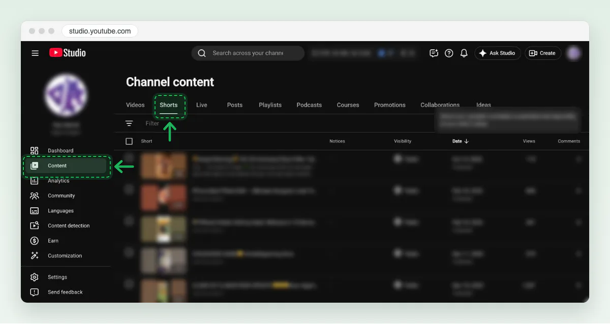 Screenshot of YouTube Studio on a computer: Content is selected in the left menu and the Shorts tab is open, listing tall Shorts with their visibility, date and views.
