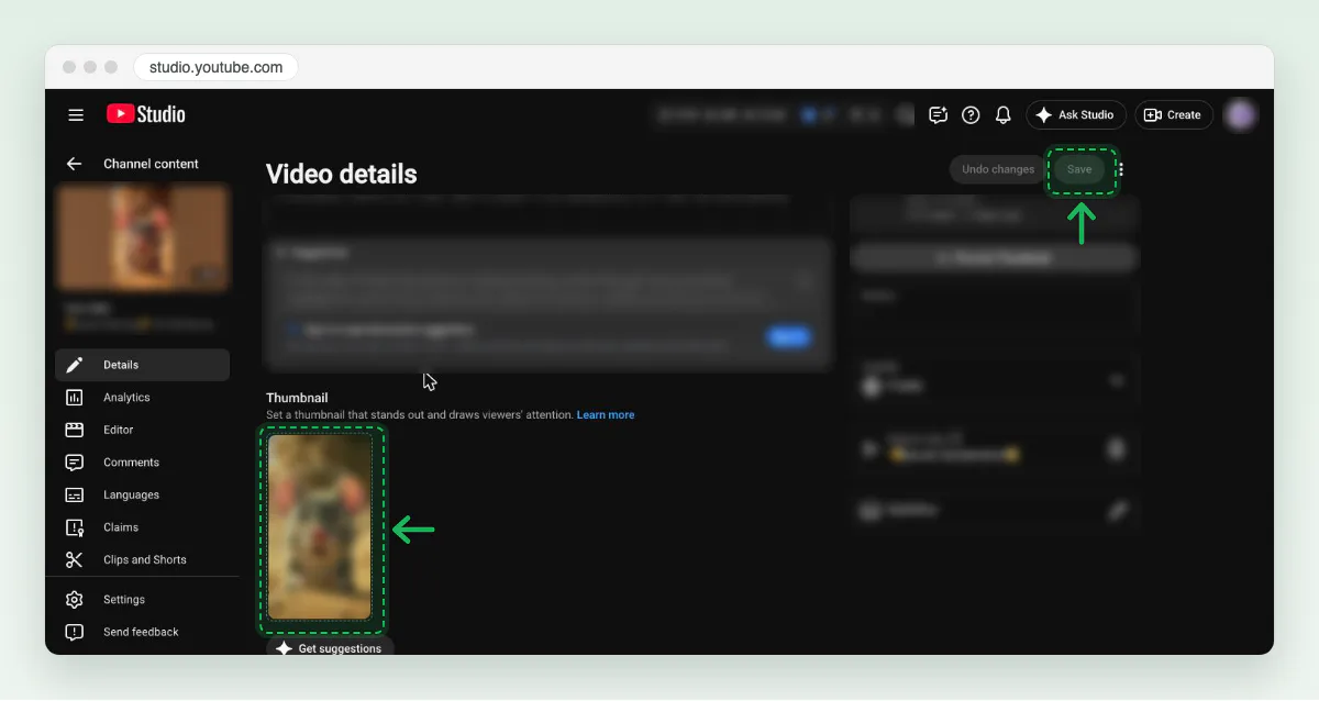 Screenshot of a Short’s Video details page in YouTube Studio: the Thumbnail section holds a tall 9:16 thumbnail of a cartoon mouse, with Save at the top right.