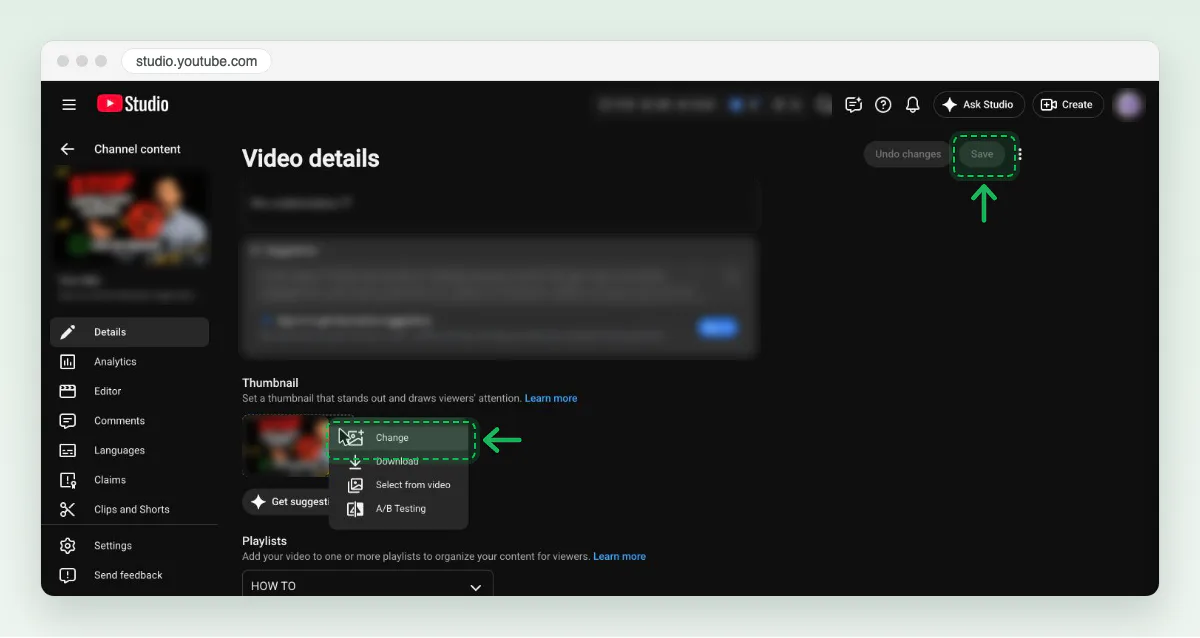 Screenshot of the Thumbnail section in YouTube Studio with the three-dot menu open on the current thumbnail: Change, Download, Select from video and A/B Testing.