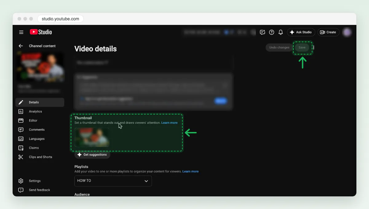 Screenshot of the Video details page in YouTube Studio: the Thumbnail section shows the video’s current thumbnail above a Get suggestions button, with Undo changes and Save greyed out at the top right.