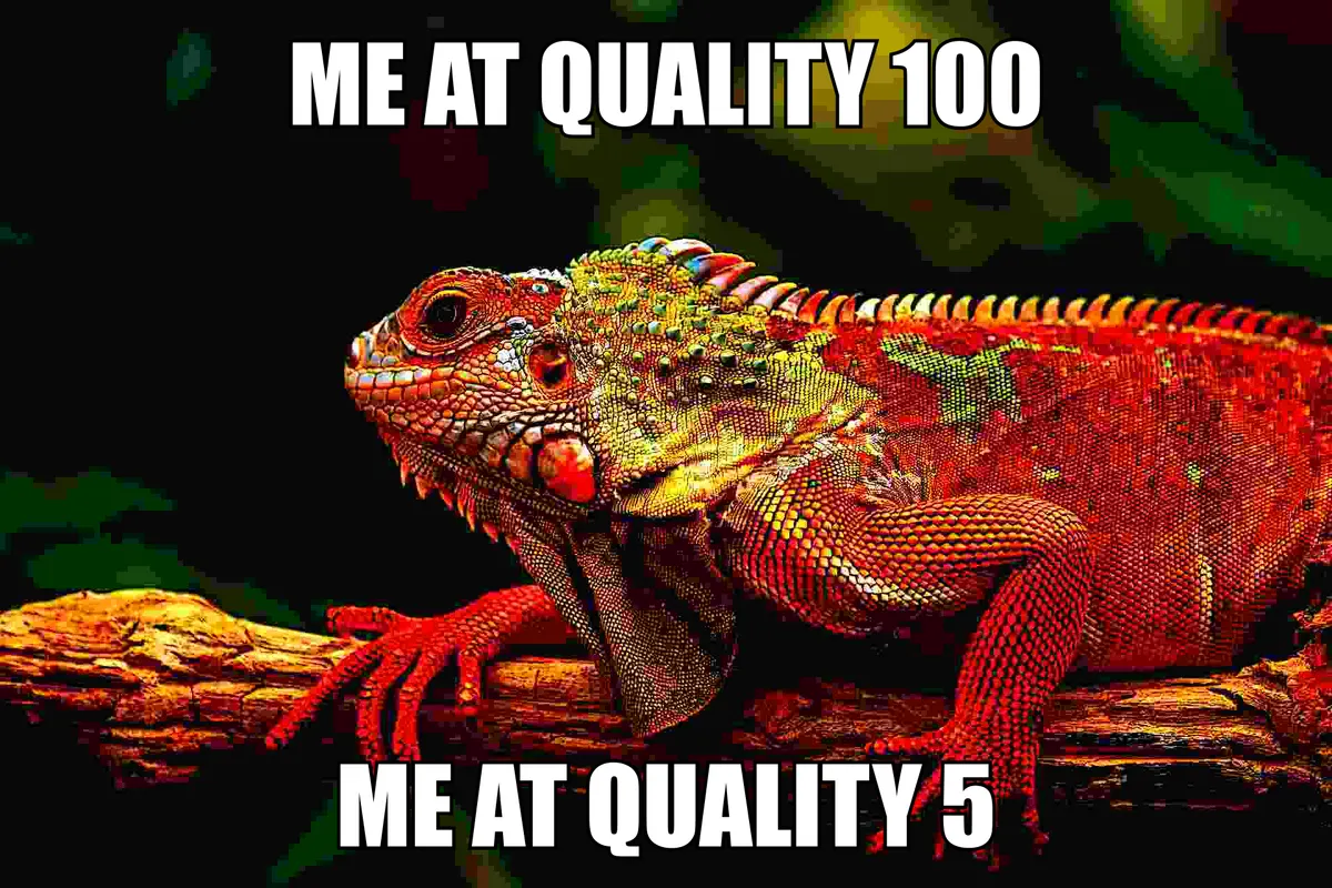 The crispy deep-fried iguana with white Impact captions outlined in black: ME AT QUALITY 100 on top, ME AT QUALITY 5 at the bottom