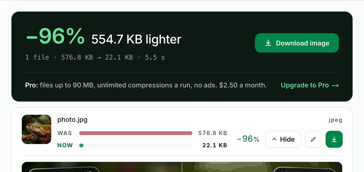 Blinkimg result for photo.jpg at quality 5: 576.8 KB before, 22.1 KB after, 96% smaller, with the Download image button