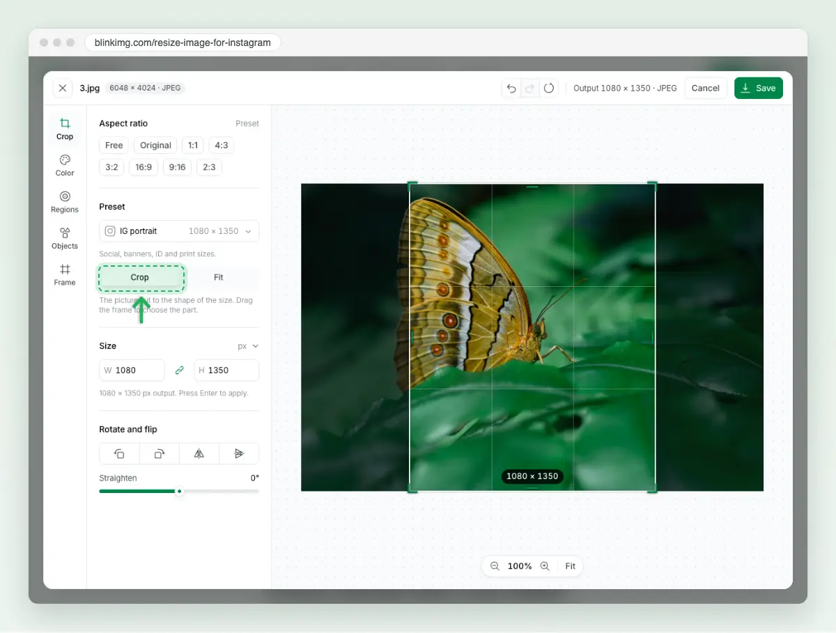 Screenshot of Blinkimg’s editor with Crop selected: a 1080 × 1350 frame over the middle of the butterfly photo, the sides darkened.