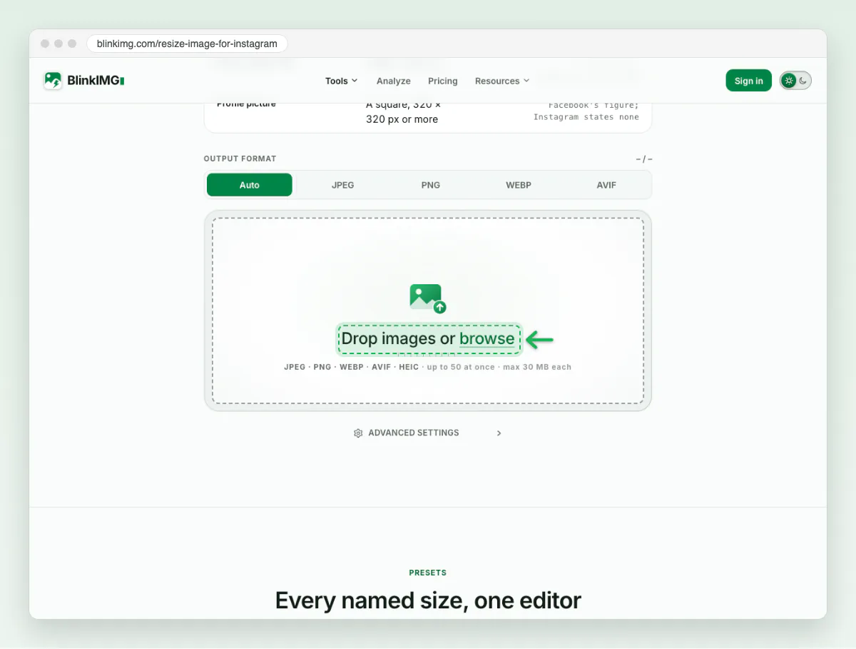 Screenshot of the resize image for Instagram page on blinkimg.com: the Output format bar on Auto above the Drop images or browse box.