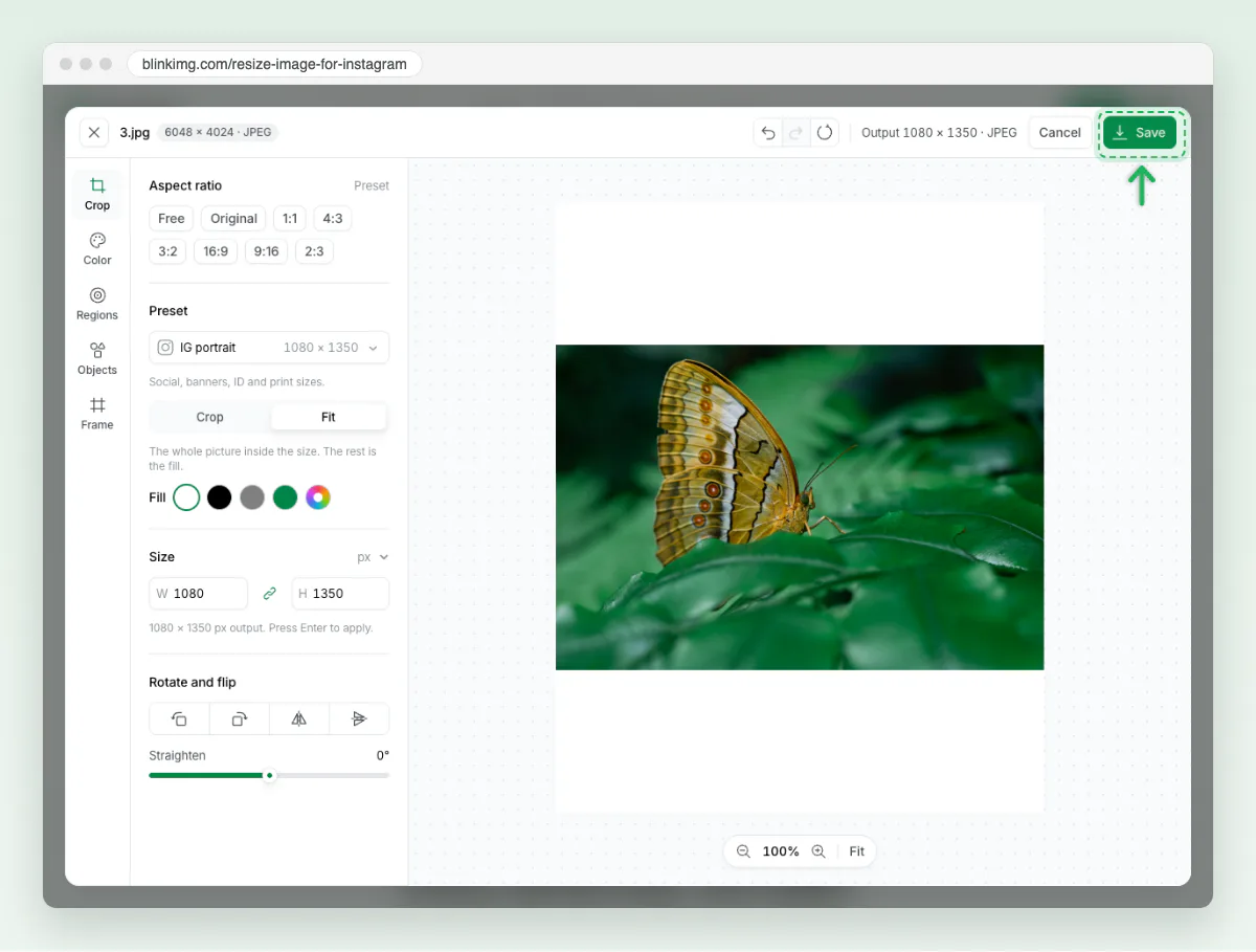 Screenshot of Blinkimg’s editor with the green Save button at the top right, beside Output 1080 × 1350 · JPEG.