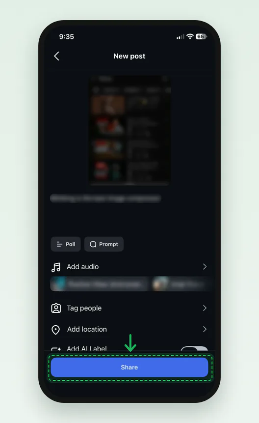 Screenshot of the last New post screen in the Instagram app: the caption, Poll, Prompt, Add audio, Tag people, Add location, and the blue Share button marked. The preview and caption text are blurred.