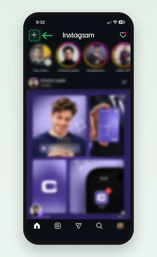 Screenshot of the Instagram app on an iPhone: Feed, with the Create plus button marked at the top left. Stories and the post below are blurred.