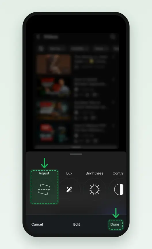 Screenshot of the Instagram app Edit panel: Adjust, Lux, Brightness and Contrast in a row, Cancel, Edit and Done at the bottom, with Adjust and Done marked.