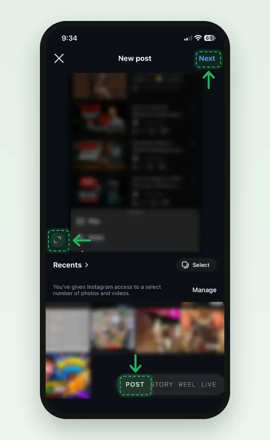 Screenshot of the New post screen in the Instagram app: POST at the bottom, the expand button at the bottom left of the preview and Next at the top right are marked. The preview and library are blurred.