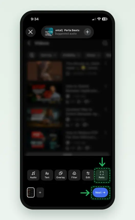 Screenshot of the Instagram app editing screen: Audio, Text, Overlay, Filter, Edit and Ratio along the bottom, with Ratio and the blue Next button marked.