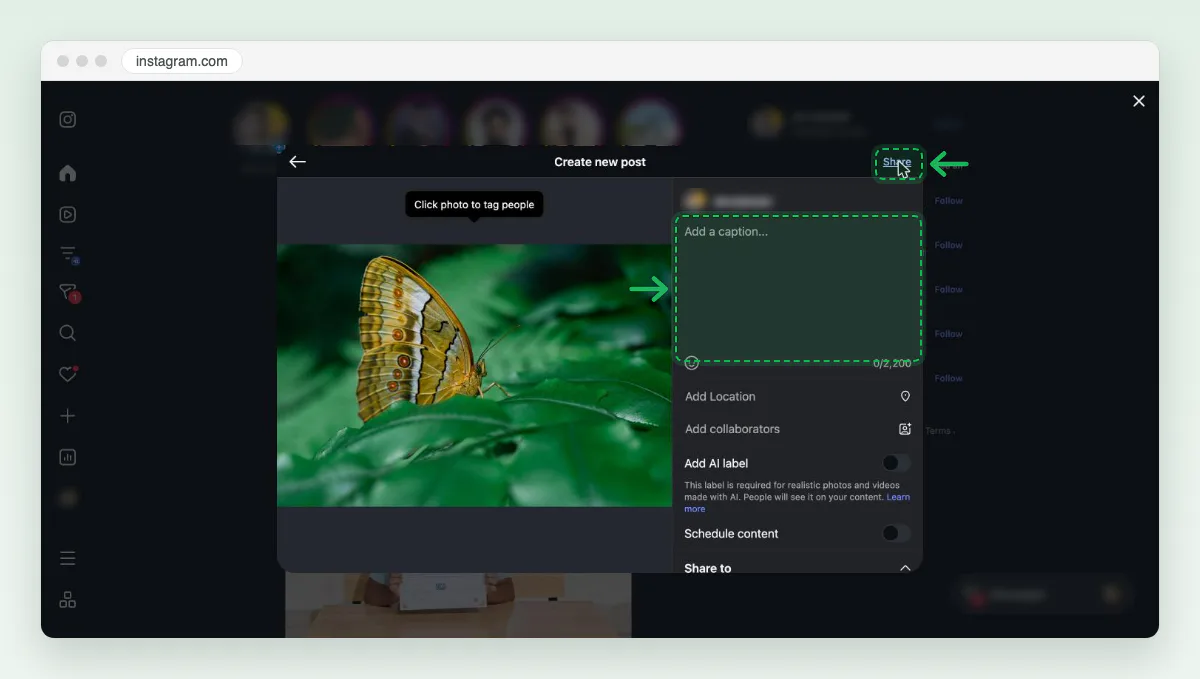 Screenshot of the Create new post screen on instagram.com: Add a caption with a 0/2,200 counter, Add Location, Add collaborators, and Share at the top right.