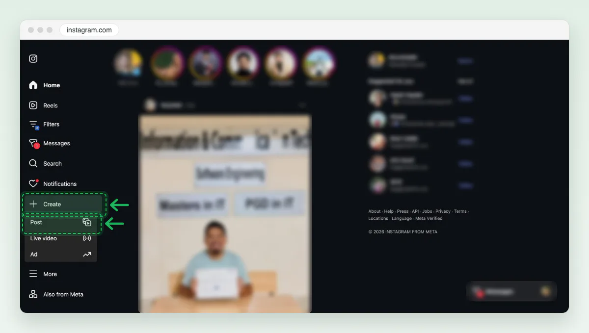 Screenshot of instagram.com in Chrome: the left menu with Create open, showing Post, Live video and Ad.