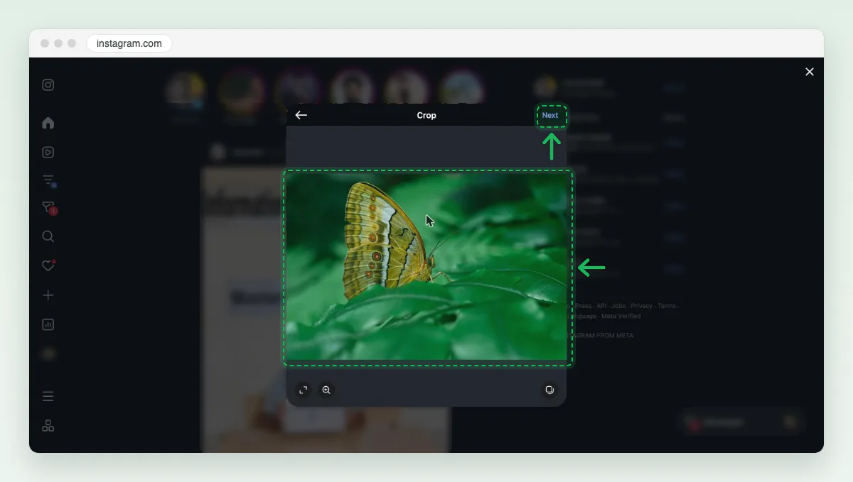 Screenshot of the Crop screen on instagram.com with Original chosen: the whole landscape butterfly photo shows, and Next at the top right.
