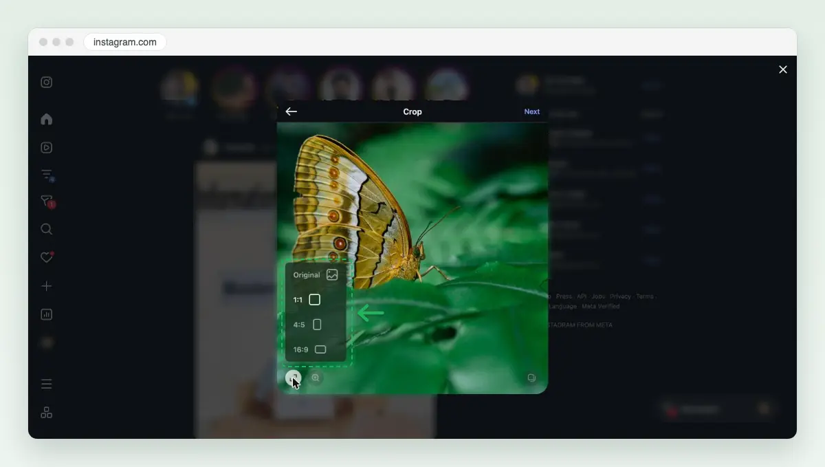Screenshot of the Crop screen on instagram.com: the butterfly photo cropped square, and the size menu open with Original, 1:1, 4:5 and 16:9.