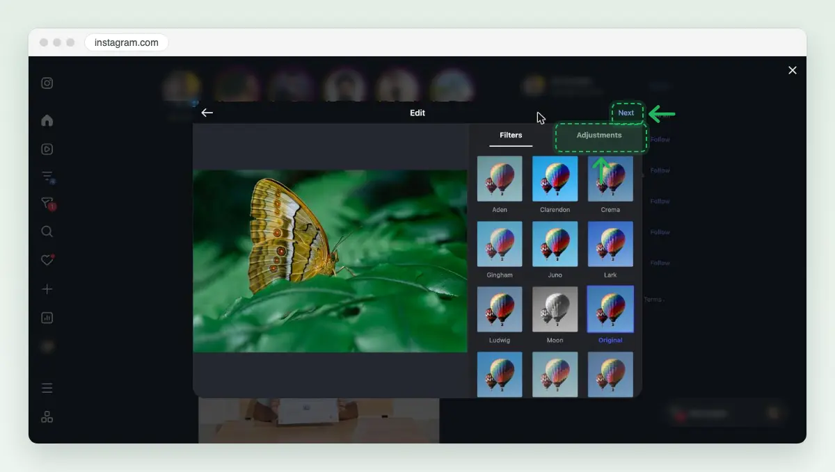 Screenshot of the Edit screen on instagram.com: the butterfly photo beside a grid of filters, with Original selected, the Adjustments tab and Next.