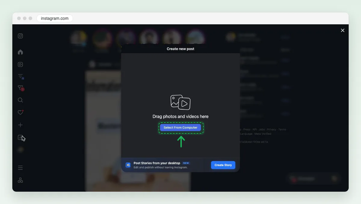 Screenshot of the Create new post box on instagram.com: Drag photos and videos here, and the blue Select From Computer button.