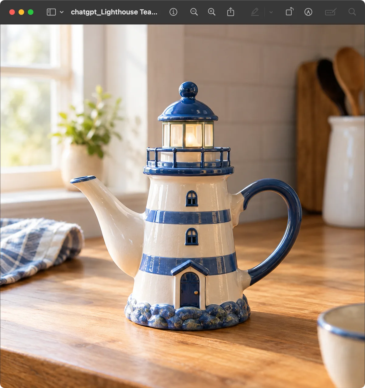 A macOS screenshot of the ChatGPT teapot image open in Preview, with the window frame and toolbar in the picture