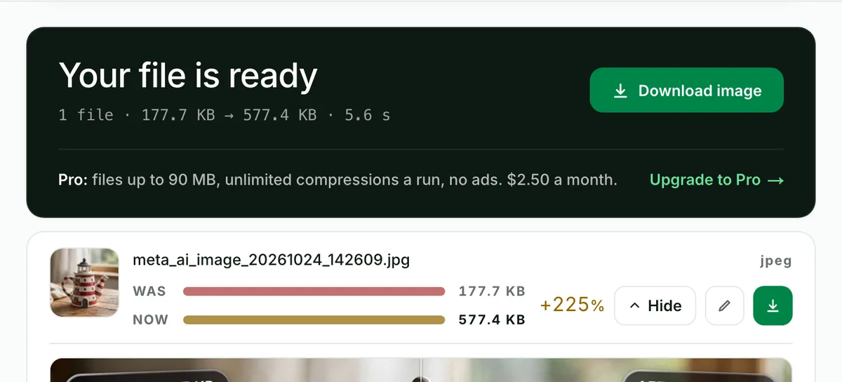 Blinkimg result: the Meta AI file ready, 177.7 KB before and 577.4 KB after, with the Download image button