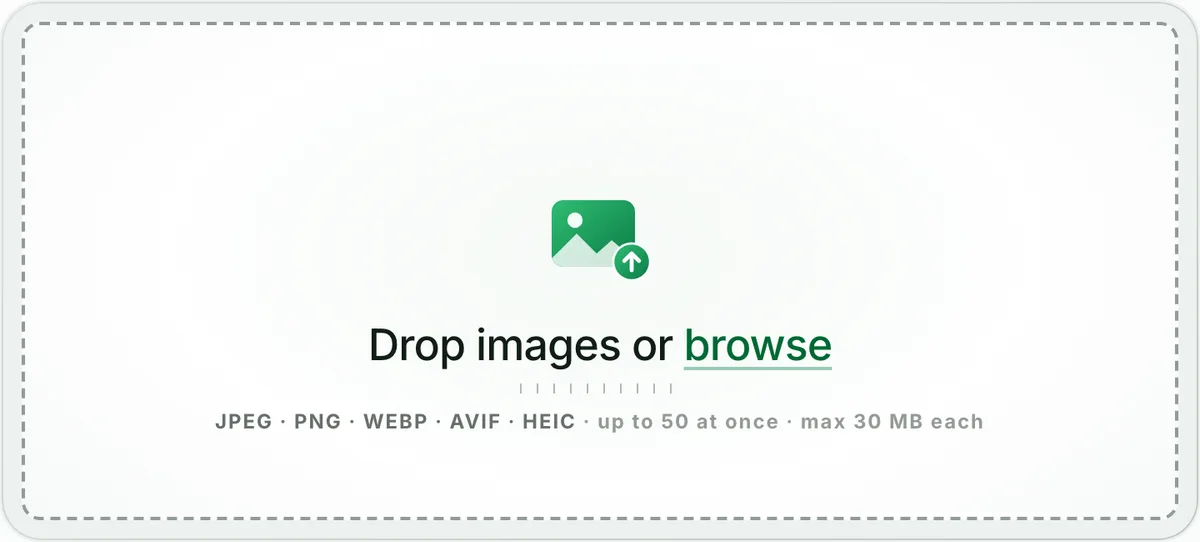 The Blinkimg drop zone: Drop images or browse, JPEG, PNG, WebP, AVIF and HEIC