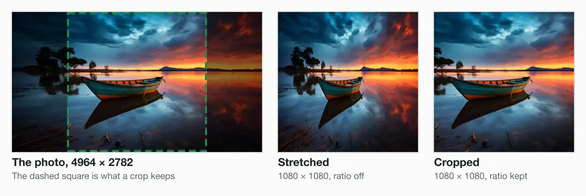 Our 4964 × 2782 photo beside 2 copies at 1080 × 1080: stretched with the aspect ratio off, the boat 44% narrower, and a centre crop with the shape kept.