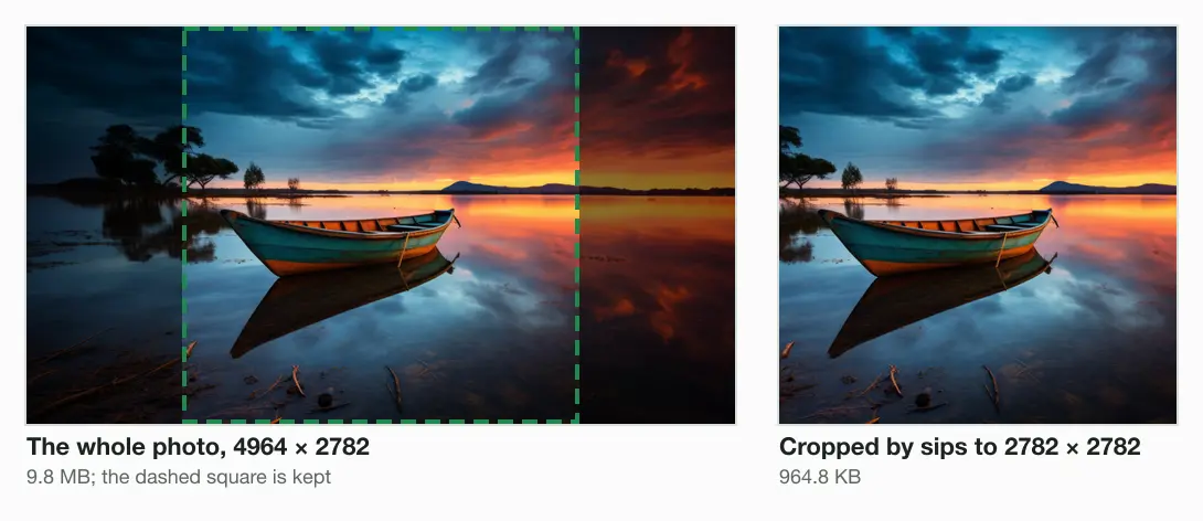 The whole photo, 4964 × 2782 pixels and 9.8 MB, with a dashed square over its middle, beside the 2782 × 2782 square sips cropped from it, 964.8 KB.
