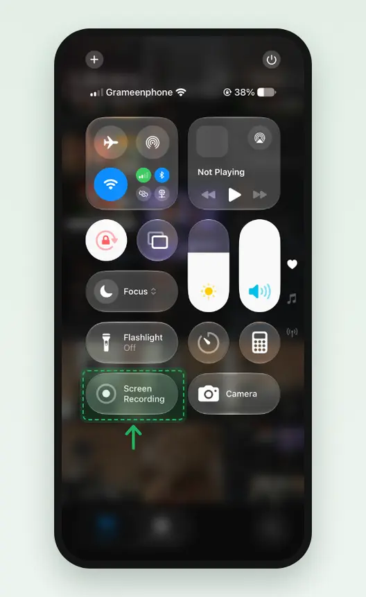 Screenshot of Control Center on an iPhone with the Screen Recording button marked, not yet recording.