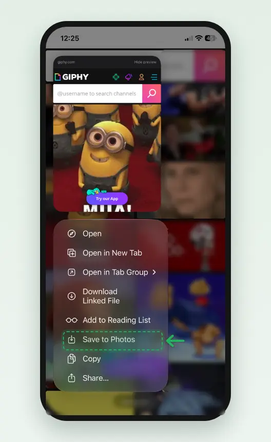 Screenshot of Safari on an iPhone: a GIF on Giphy’s page, touched and held, with the menu open and Save to Photos marked. The other GIFs on the page are blurred.