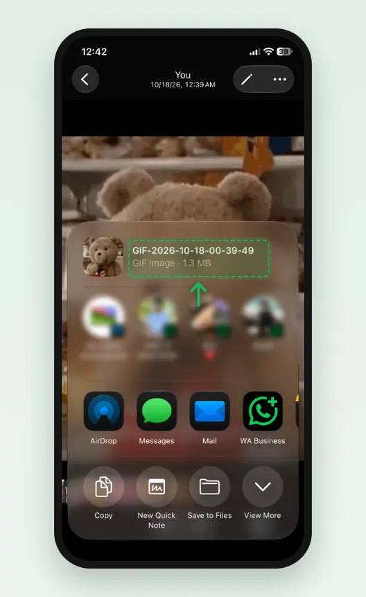 Screenshot of the iPhone share sheet for the GIF in WhatsApp, reading GIF Image at the top, marked. The contacts row is blurred.