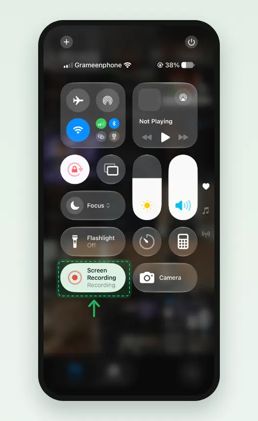 Screenshot of Control Center on an iPhone with Screen Recording red and reading Recording, marked.