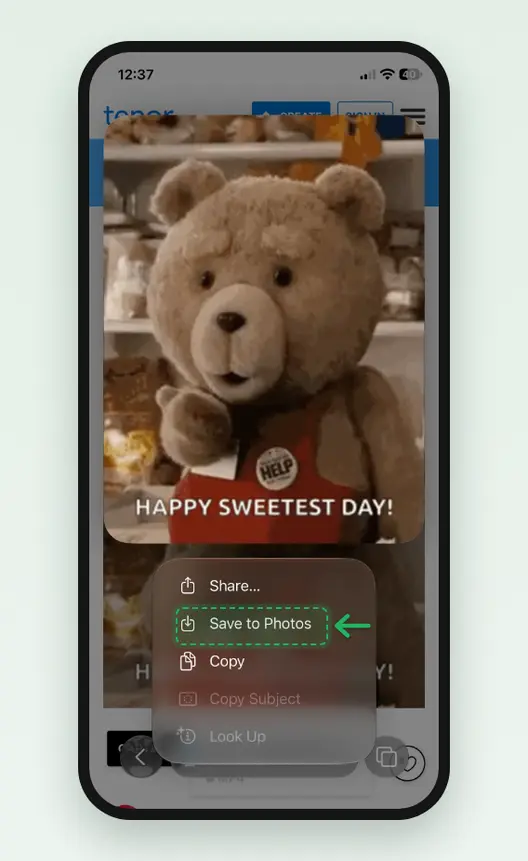 Screenshot of Safari on an iPhone: the Tenor GIF touched and held, with Share, Save to Photos, Copy, Copy Subject and Look Up, and Save to Photos marked.