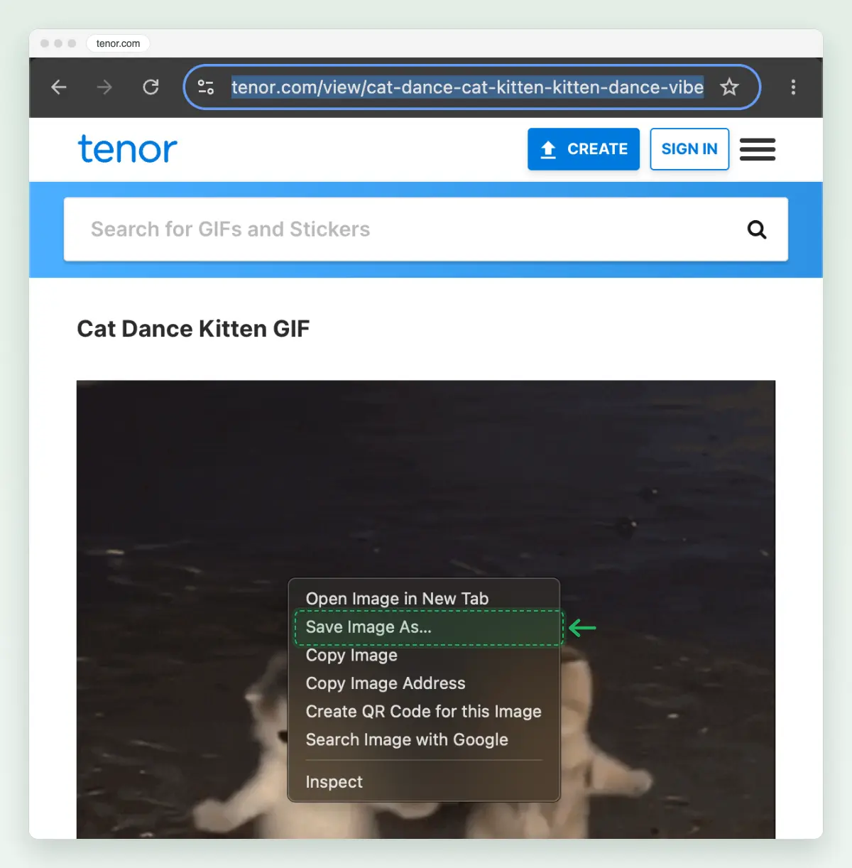 Screenshot of the Tenor GIF page in Chrome with the right-click menu open on the kitten GIF and Save Image As marked.