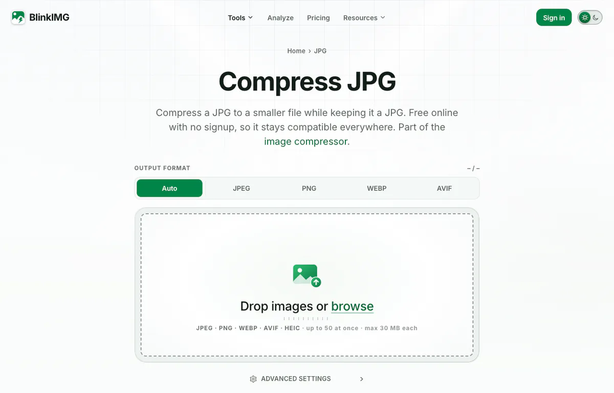 Screenshot of Blinkimg’s Compress JPG page: the Output format bar on Auto beside JPEG, PNG, WEBP and AVIF, and the drop zone reading Drop images or browse, up to 50 at once, max 30 MB each.