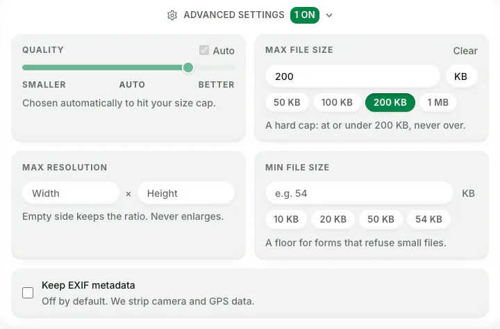 Screenshot of Blinkimg’s Advanced settings on the reduce image size in KB page: Quality on Auto, Max file size 200 KB, Max resolution empty, Min file size empty and Keep EXIF metadata off.