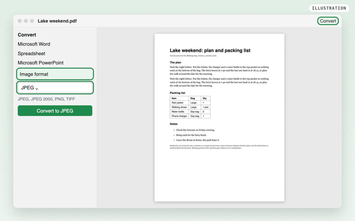 An illustration of Acrobat with the test PDF open: Convert highlighted in the top bar, Image format selected in the left pane, a dropdown set to JPEG and a Convert to JPEG button.