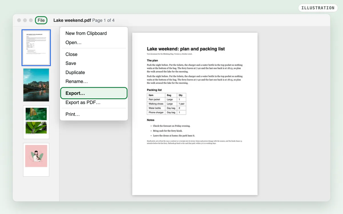An illustration of Preview’s File menu open over the test PDF, with Export highlighted below Rename and above Export as PDF.