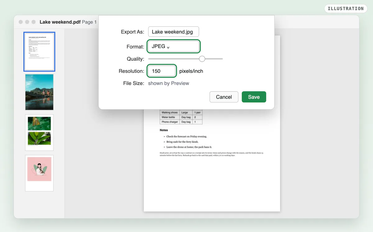 An illustration of Preview’s Export sheet: Export As Lake weekend.jpg, Format JPEG, a Quality slider, Resolution 150 pixels per inch, and the Save button.