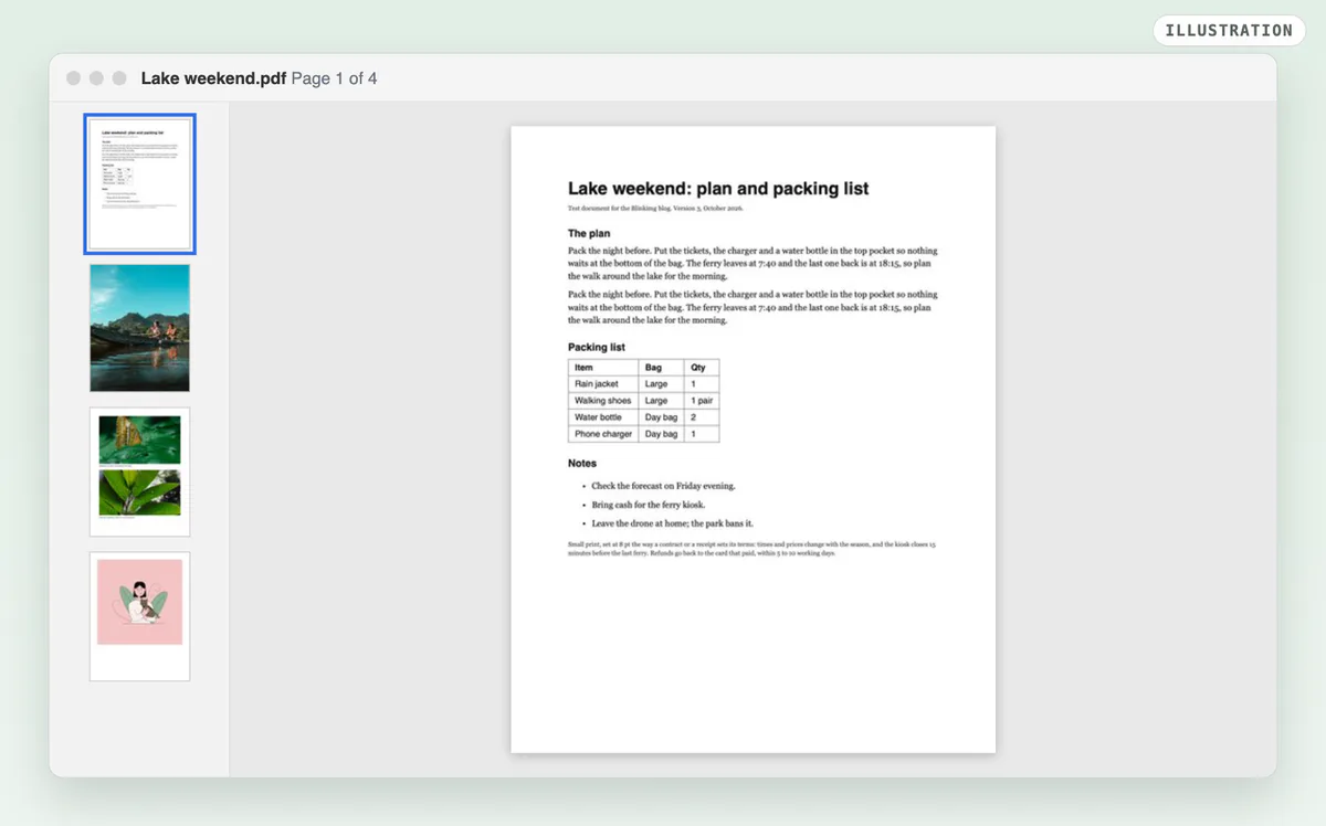 An illustration of Preview on a Mac with our 4-page test PDF open: the sidebar shows four page thumbnails, page 1 selected, and the text page in the main view.