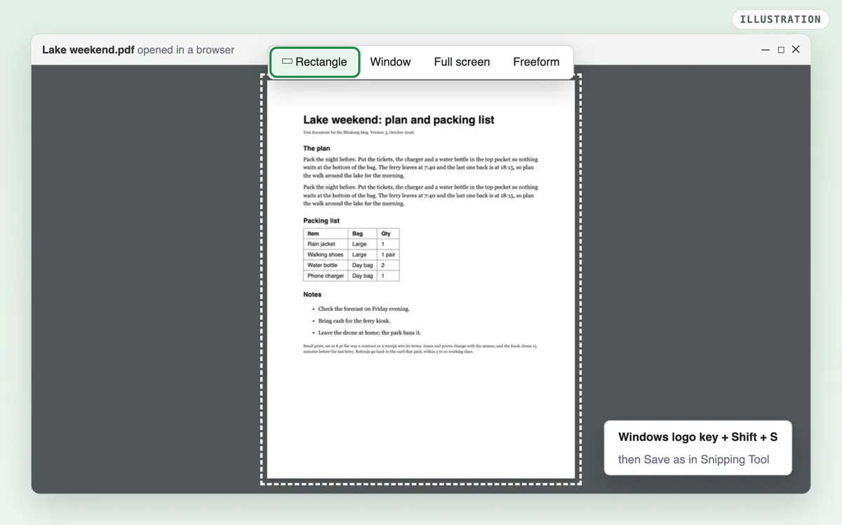 An illustration of the test PDF open in a browser on Windows, the page outlined, with the Snipping Tool bar at the top offering Rectangle, Window, Full screen and Freeform.