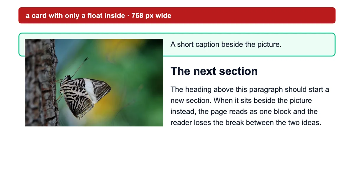 A green 52 pixel card holding a floated 190 pixel photo and one line of caption: the card border ends just under the caption, and the photo hangs out below it.