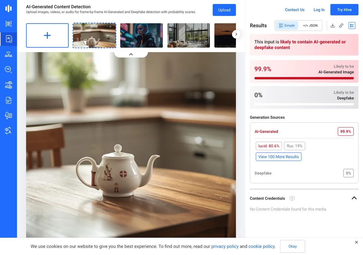 Hive demo result for our Leonardo teapot: likely to contain AI-generated content, 99.9%, with lucid 80.6% as the top generation source