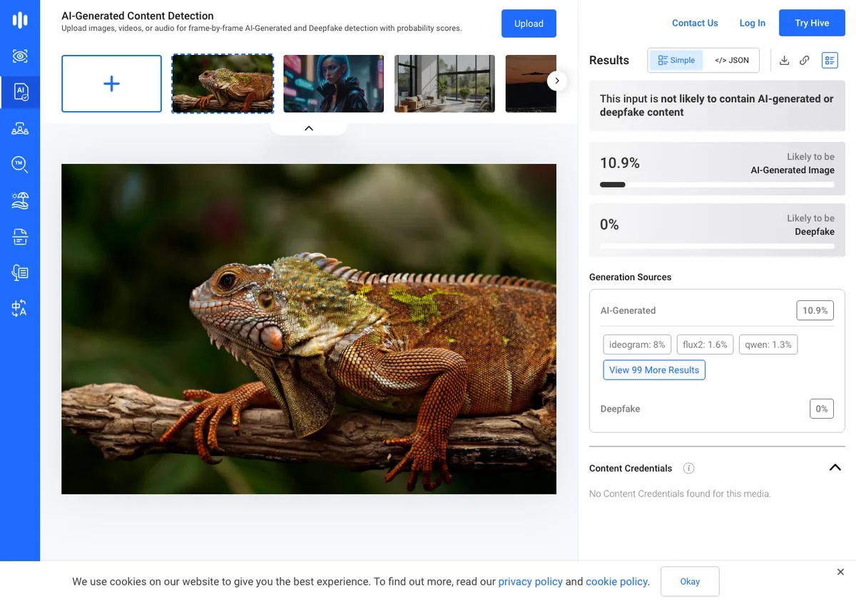 Hive demo result for our real iguana photo: not likely to contain AI-generated content, 10.9%