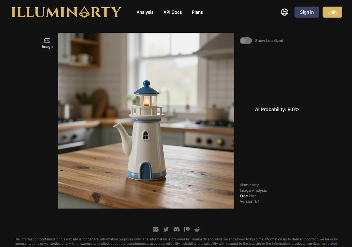 Illuminarty free plan reading our ComfyUI teapot: AI Probability 9.6%