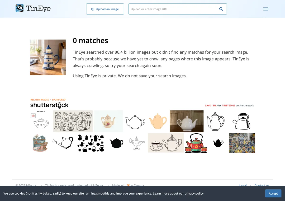 TinEye results for our ChatGPT lighthouse teapot: 0 matches, after searching over 86.4 billion images