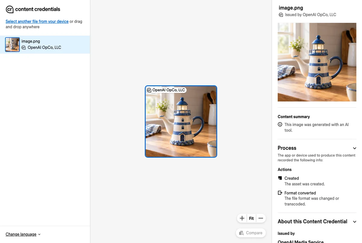 Content Credentials Verify reading the ChatGPT teapot: Issued by OpenAI OpCo, LLC, and the content summary This image was generated with an AI tool