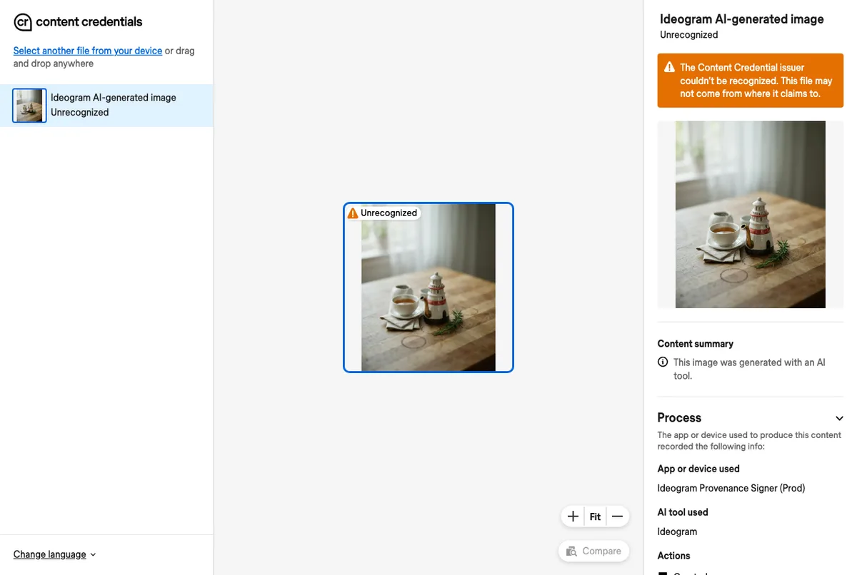 Content Credentials Verify reading the Ideogram image: an orange warning that the Content Credential issuer could not be recognized, above the summary This image was generated with an AI tool