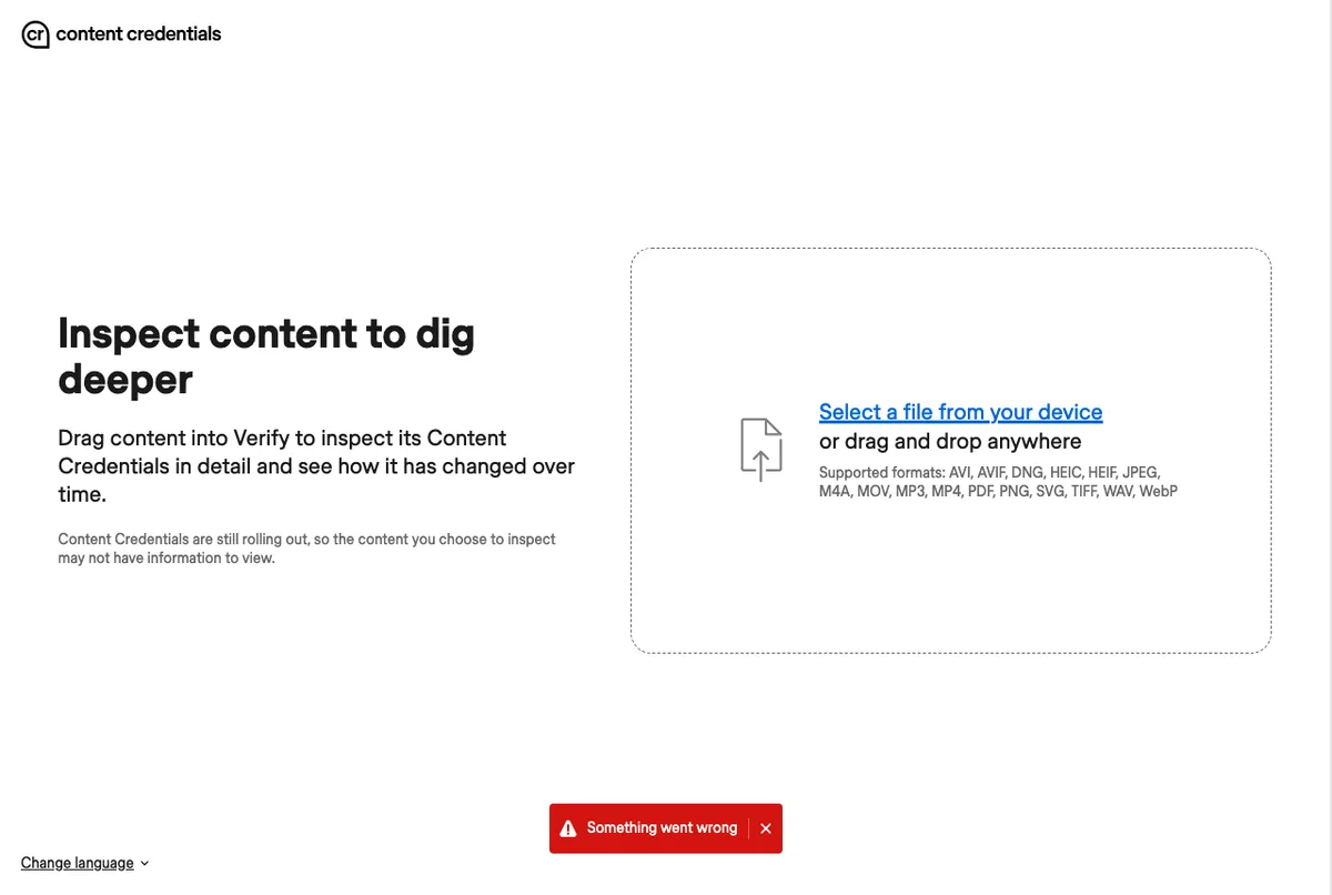 Content Credentials Verify after the Leonardo image was dropped: the start page again, with a red Something went wrong message