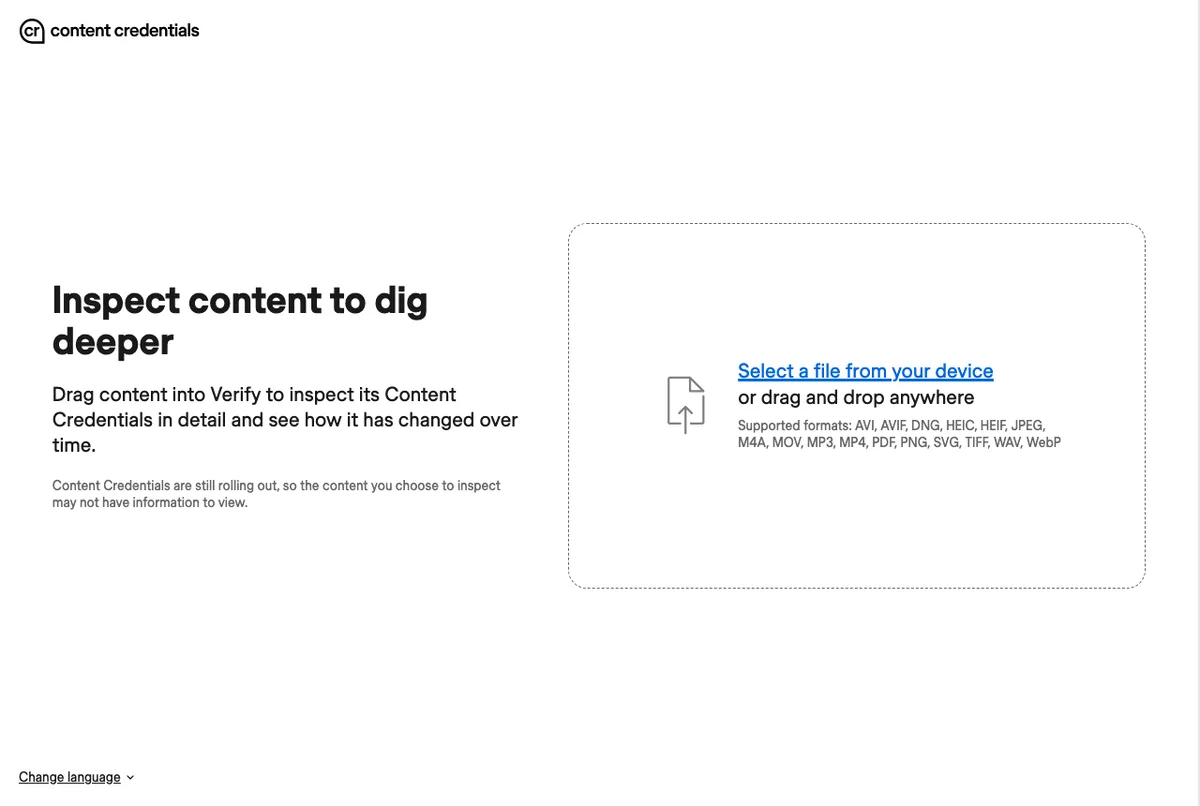 The Content Credentials Verify page: Inspect content to dig deeper, with Select a file from your device and the list of supported formats