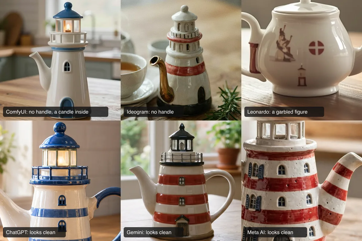Six crops of our AI teapots: ComfyUI with no handle and a candle inside, Ideogram with no handle, Leonardo with a garbled painted figure, and clean-looking ChatGPT, Gemini and Meta AI teapots