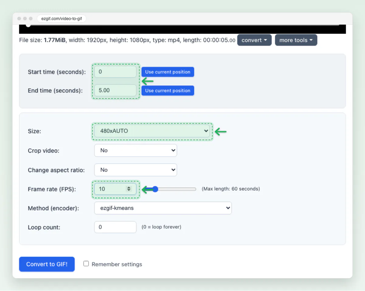 Screenshot of ezgif’s settings for our 5-second clip: start 0, end 5.00, Size 480xAUTO and Frame rate 10, each marked.