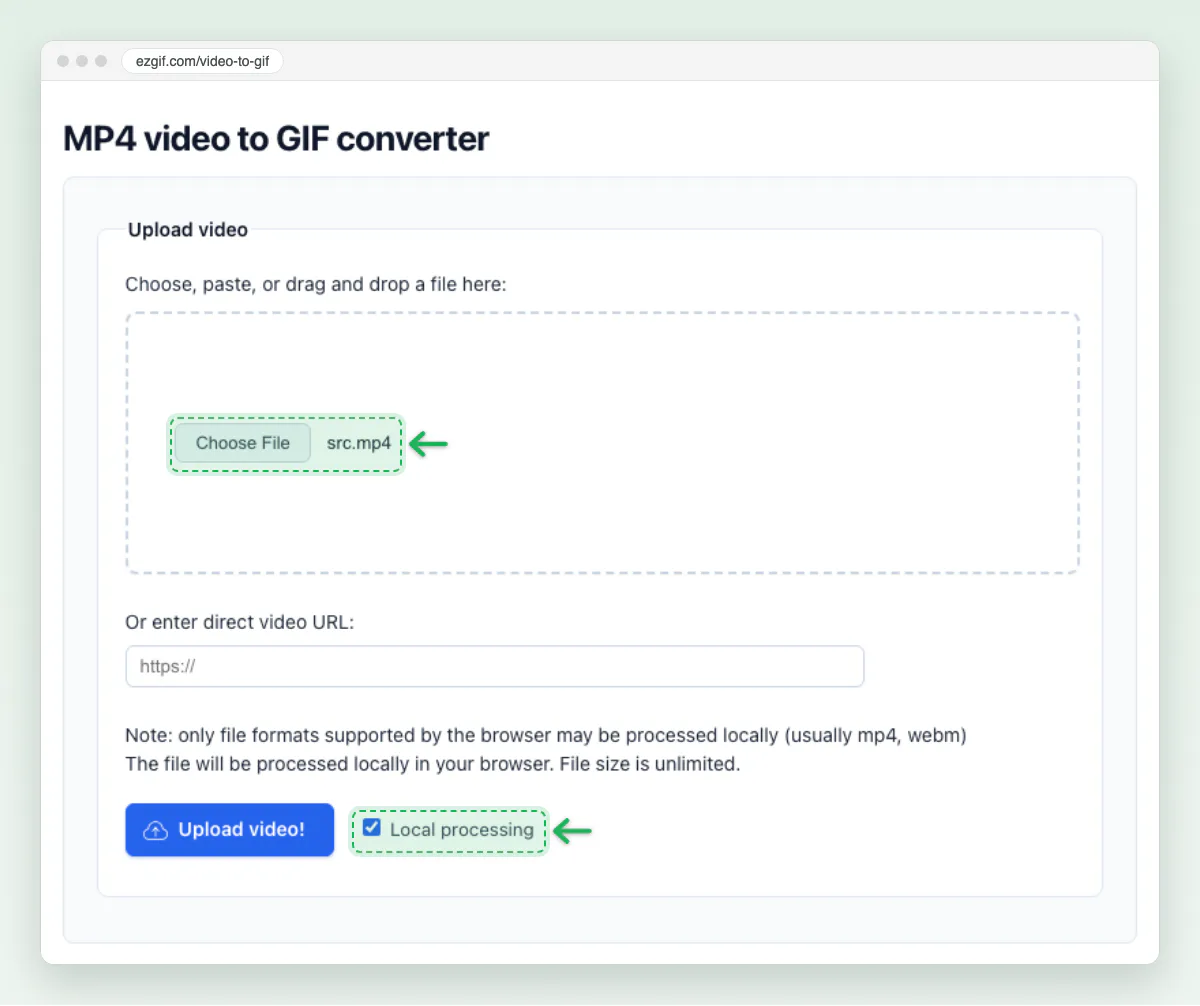 Screenshot of ezgif’s MP4 video to GIF converter page with src.mp4 chosen and the Local processing box ticked, both marked.